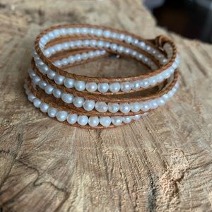Chan Luu White Pearl and Tan Leather Triple Wrap